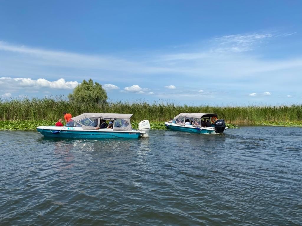 Nearchus Nautica Excursii in Delta Două bărci cu motor albastre și albe navighează pe o cale navigabilă calmă într-o zi însorită. Barcile, perfecte pentru excursii in Delta, au copertine albe si transporta mai multi pasageri imbracati in veste de salvare. Stuf verde și nuferi înalți mărginesc malurile râului, cu un cer albastru și nori împrăștiați vizibili în fundal.