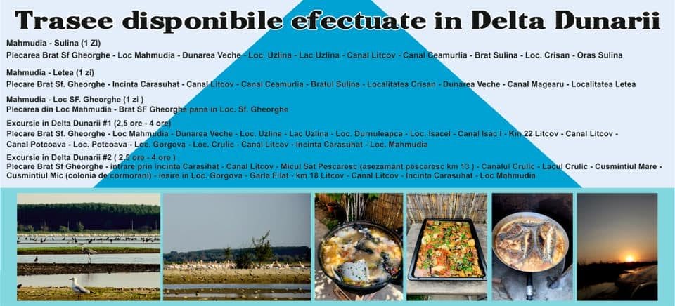 Nearchus Nautica Excursii in Delta         O imagine promoțională în limba română care prezintă tururile disponibile în Delta Dunării. În antetul de sus scrie „Trasee disponibile efectuate în Delta Dunarii”. Mai jos sunt liste cu diverse trasee turistice, inclusiv traseu croaziere în Delta Dunarii, cu puncte de plecare și destinații, alături de mici fotografii ale peisajului și faunei sălbatice din Delta Dunării.